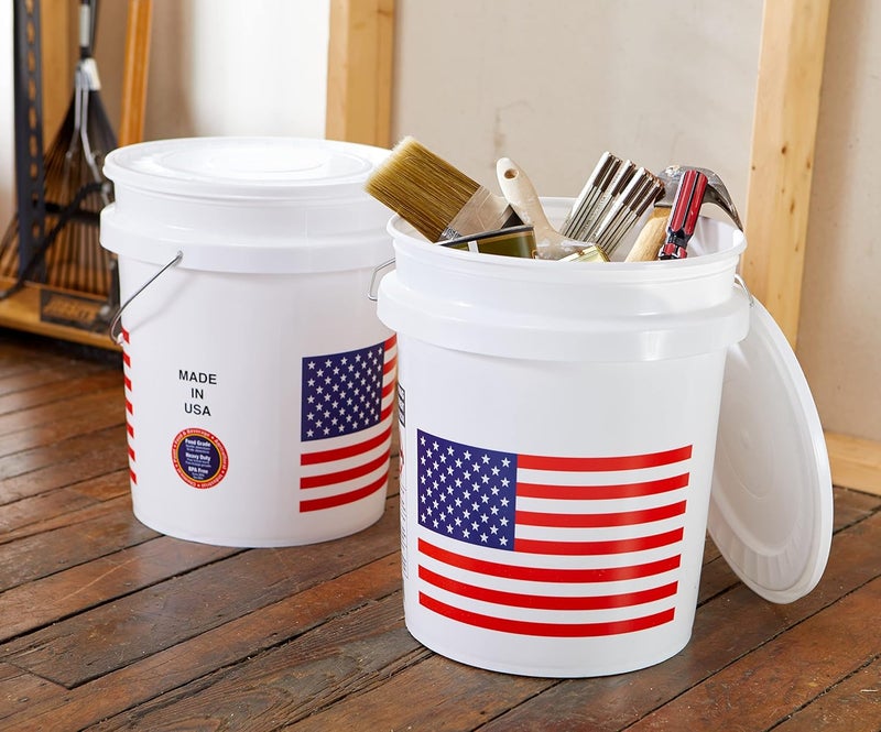 United Solutions 5 Gallon Bucket, Heavy Duty Plastic Bucket, Comfortable Handle, Perfect for on The Job, Home Improvement, or Household Cleaning, White with USA Flag, Pack of 2 - Image 2